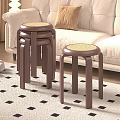 Wooden Wicker Seat Stools Next To Beige Sofa On Black And White Checkered Rug