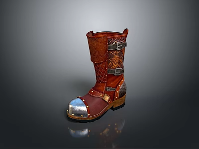 Vintage Brown Work Boots With Metal Decorations Buckle Straps And Wooden Soles 3d model