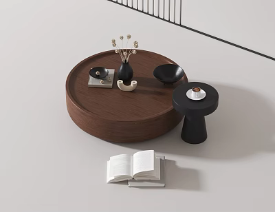 Round Wooden Coffee Table With Vase Black Bowl Small Side Table Near Open Book 3d model