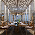 Traditional Chinese Teahouse Interior With Golden Wooden Lattice Circular Arch Green Vases Tables And Chairs