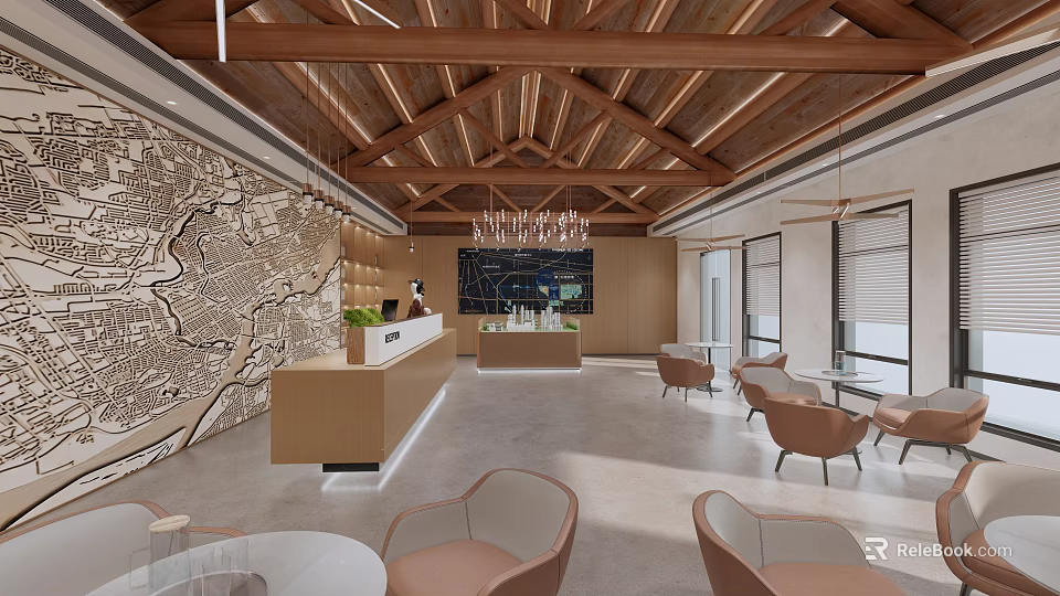Modern Reception Area Interior Design With Wooden Ceiling Chandelier Armchairs And Decorative Wall 3d model 