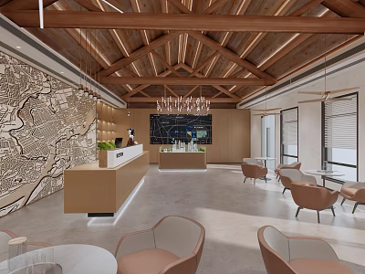 Modern Reception Area Interior Design With Wooden Ceiling Chandelier Armchairs And Decorative Wall 3d model