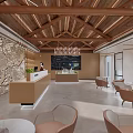 Modern Reception Area Interior Design With Wooden Ceiling Chandelier Armchairs And Decorative Wall