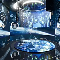 Modern Hi tech Exhibition Hall With LED Screens Futuristic Lighting Circular Platform And Digital Backdrop
