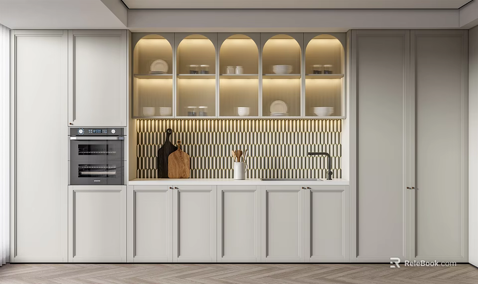 White Kitchen Cabinets With Arched Glass Doors Dishes Black And White Checkered Backsplash Oven 3d model 