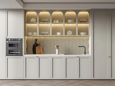 White Kitchen Cabinets With Arched Glass Doors Dishes Black And White Checkered Backsplash Oven 3d model