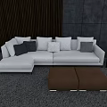 Modern Light Gray Sectional Sofa Set With Multiple Pillows And Brown Ottomans 3d model