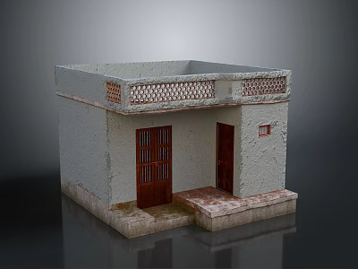 Simple Rural House With White Walls Brown Doors Grilled Door Detail And Perforated Balcony Railing 3d model
