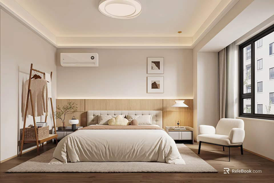 Modern Bedroom Interior With Beige Bedding Wooden Headboard Framed Pictures And White Armchair 3d model 