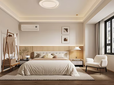 Modern Bedroom Interior With Beige Bedding Wooden Headboard Framed Pictures And White Armchair 3d model