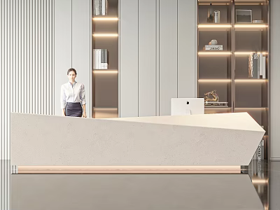 Modern Office Reception Desk with Female Receptionist and Illuminated Shelves in Sleek Commercial Lobby 3d model