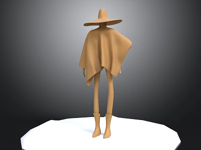3D Character Model In Cloak And Wide Brimmed Hat Standing On White Platform 3d model
