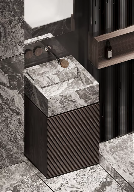 Modern Marble Vanity Washbasin Design With Sleek Dark Cabinet And Smooth Countertop 3d model 