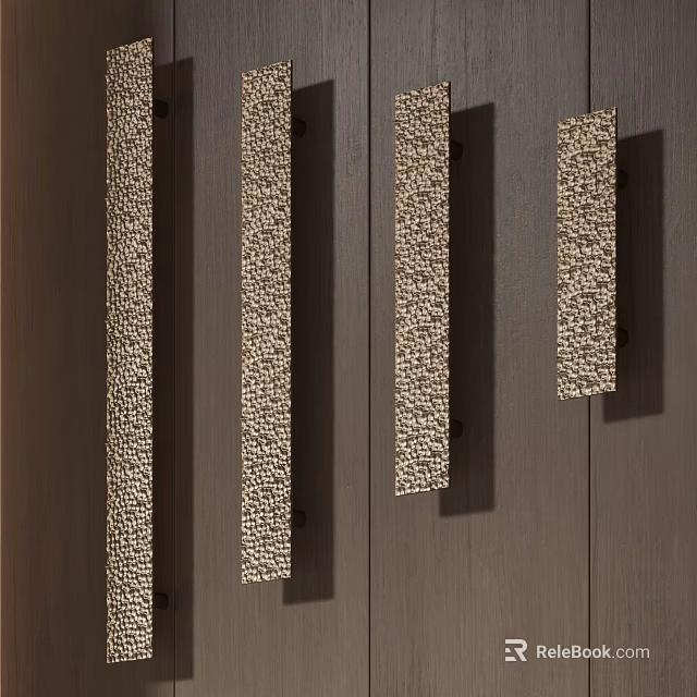 Golden Textured Long Strip Door Handles On Dark Wood Cabinet Doors 3d model 