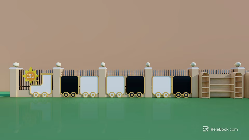 Kindergarten Building Exterior With White Black Doors Fence Spherical Decorations And Green Ground 3d model 