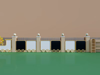 Kindergarten Building Exterior With White Black Doors Fence Spherical Decorations And Green Ground 3d model