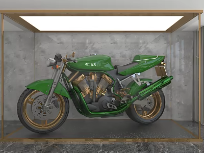 ELVA Green Motorcycle Displayed In Gold Frame Case With Marble Floor And Gray Wall 3d model
