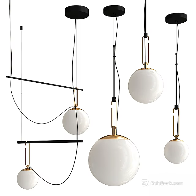 Modern White Spherical Pendant Lights With Black And Gold Metal Frames For Interior Decor 3d model 