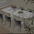Modern Dining Table Set With Marble Top Light Gray Chairs Fruit Plate Vase Green Plant