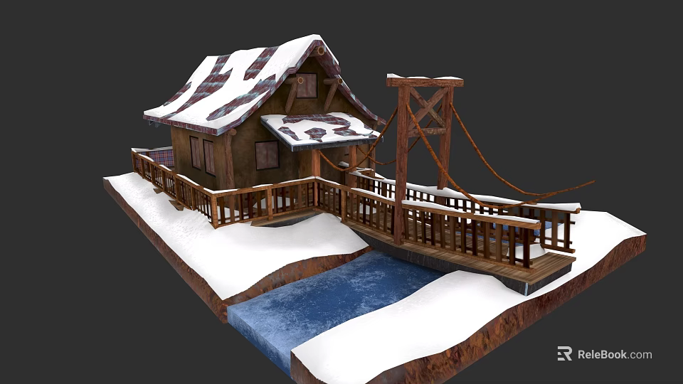 Detached Villa With Snow Covered Roof Wooden Bridge And Small River 3d model 