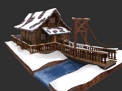 Detached Villa With Snow Covered Roof Wooden Bridge And Small River 3d model