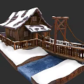Detached Villa With Snow Covered Roof Wooden Bridge And Small River