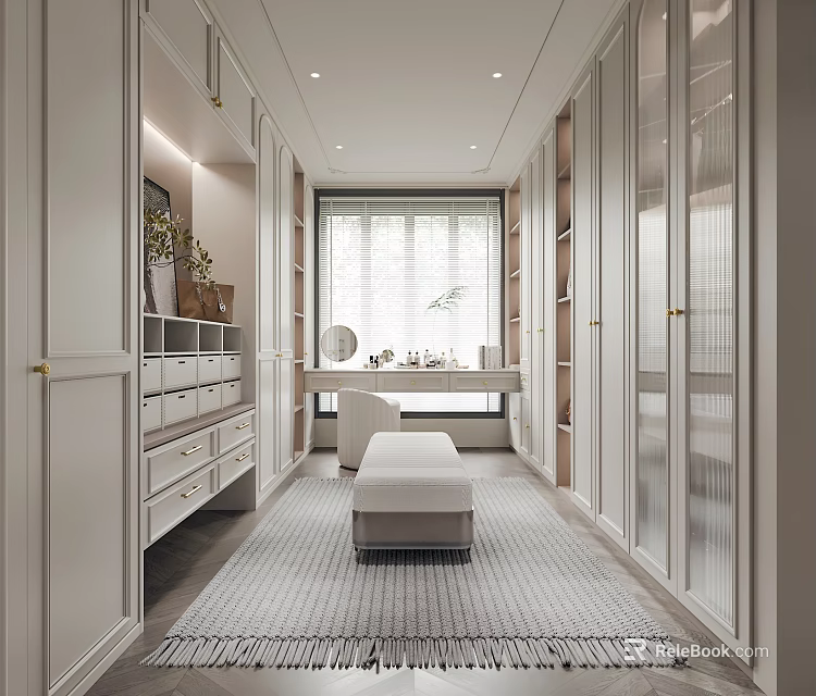 Modern Elegant Walk in Closet Interior With White Cabinets Bench Mirror And Soft Lighting Rug 3d model 