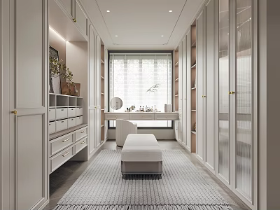 Modern Elegant Walk in Closet Interior With White Cabinets Bench Mirror And Soft Lighting Rug 3d model