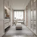 Modern Elegant Walk in Closet Interior With White Cabinets Bench Mirror And Soft Lighting Rug