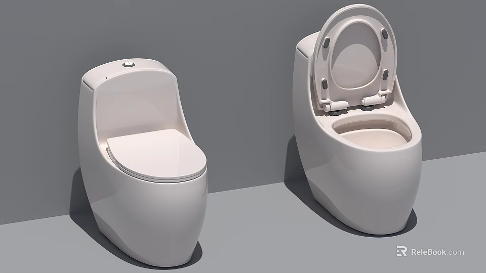 Two Modern White Toilets With Open And Closed Lids In Contemporary Bathroom Design 3d model 