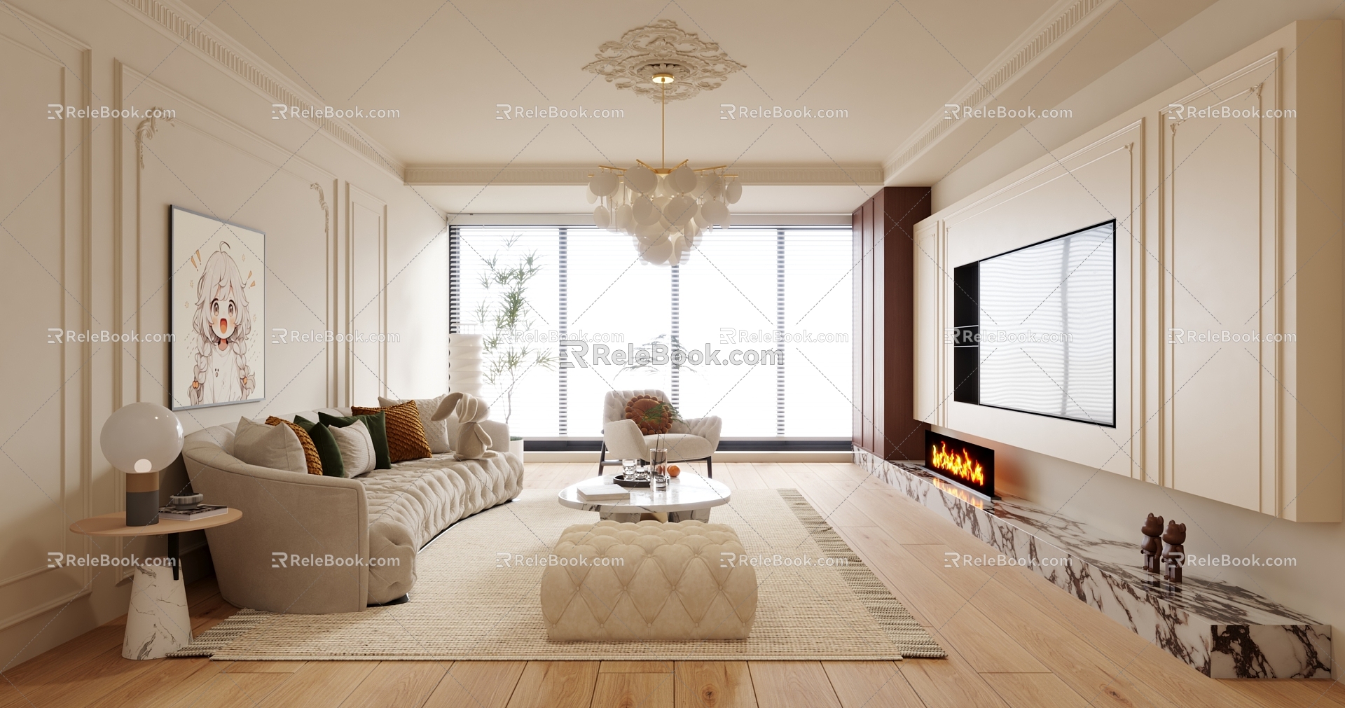 French Cream Living Room 3d model