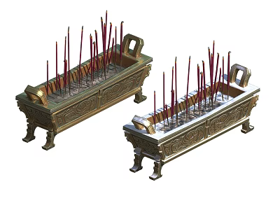 Ancient Bronze Incense Burners With Red Incense Sticks Two Ornate Traditional Censer Holders 3d model
