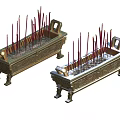 Ancient Bronze Incense Burners With Red Incense Sticks Two Ornate Traditional Censer Holders