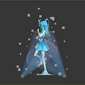 Blue Haired Game Movie Character In Short Dress Standing On Geometric Platform With Sparkles