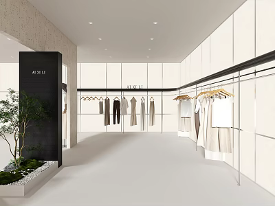 Modern Minimalist Clothing Store Interior With Clothes On Hangers And Plant Decoration 3d model