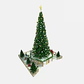 Green Christmas Tree With Star Ornaments Small Trees Fence And Sleigh Decor