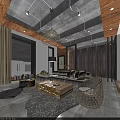 Modern Industrial Living Dining Room Interior With Wooden Wall Sofa And Hanging Light
