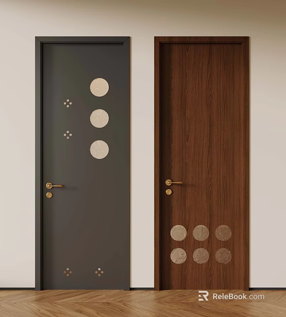 Modern Interior Doors Featuring Gray And Wooden Panels With Circular Decorations And Gold Handles 3d model 