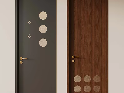 Modern Interior Doors Featuring Gray And Wooden Panels With Circular Decorations And Gold Handles 3d model