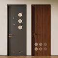 Modern Interior Doors Featuring Gray And Wooden Panels With Circular Decorations And Gold Handles
