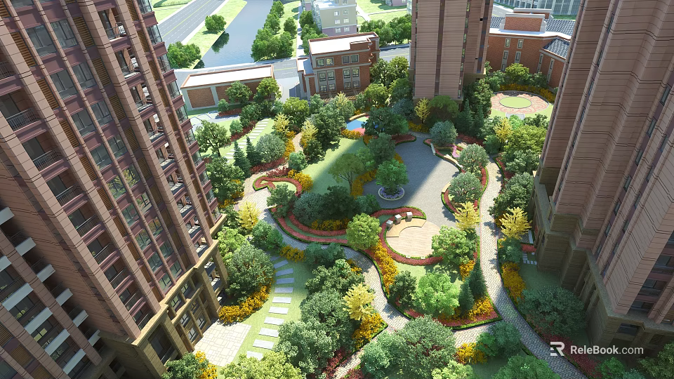 Lush Urban Garden Landscape Surrounded By High Rise Buildings With Green Pathways Seating And Trees 3d model 