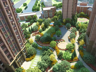 Lush Urban Garden Landscape Surrounded By High Rise Buildings With Green Pathways Seating And Trees 3d model