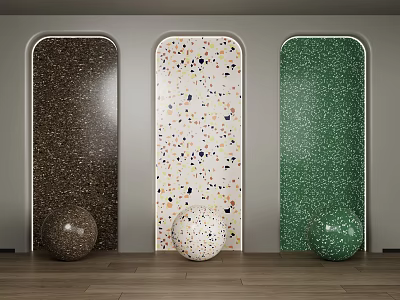 Interior Display Of Three Patterned Wall Panels And Spherical Decor 3d model