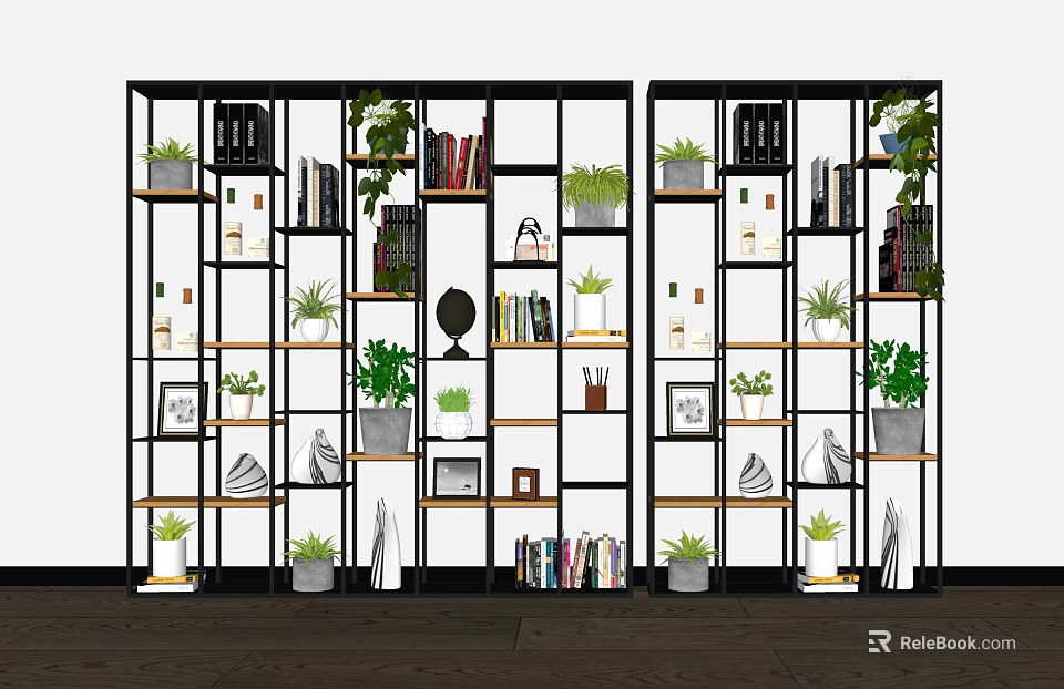 Modern Black Frame Bookshelf With Multiple Layers Books Plants Decorations And Photo Frames 3d model 