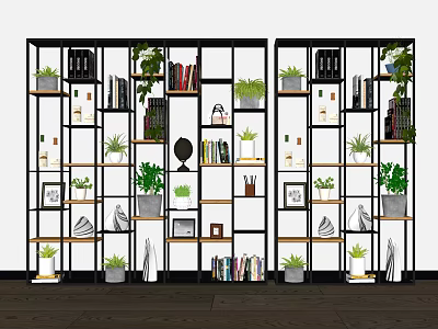 Modern Black Frame Bookshelf With Multiple Layers Books Plants Decorations And Photo Frames 3d model