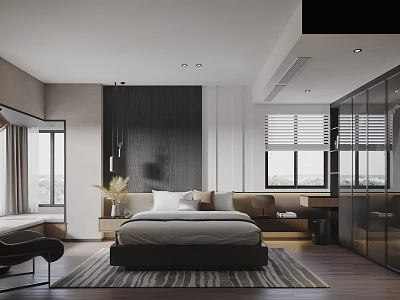 Modern Bedroom Interior Design With Bed Headboard Wall Windows Blinds Rug and Wooden Floors 3d model