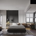 Modern Bedroom Interior Design With Bed Headboard Wall Windows Blinds Rug and Wooden Floors