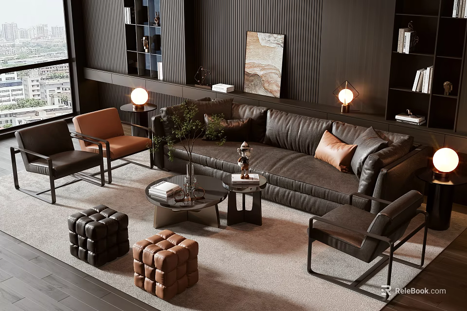 Modern Dark Leather Sofa Coffee Table Set With Accent Chairs And Decorative Lamps 3d model 