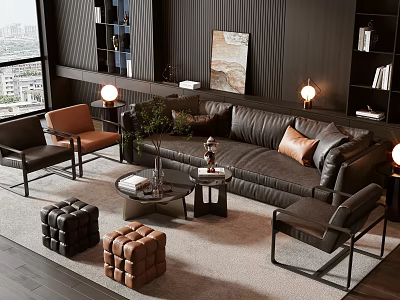 Modern Dark Leather Sofa Coffee Table Set With Accent Chairs And Decorative Lamps 3d model