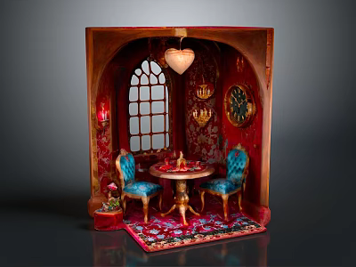 Dollhouse Interior With Arched Window Heart Shaped Chandelier Round Table Blue Chairs And Carpet 3d model
